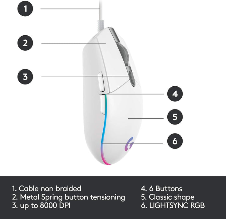 Logitech G102 Light Sync Gaming Mouse - Customizable RGB Lighting - White - Image 6
