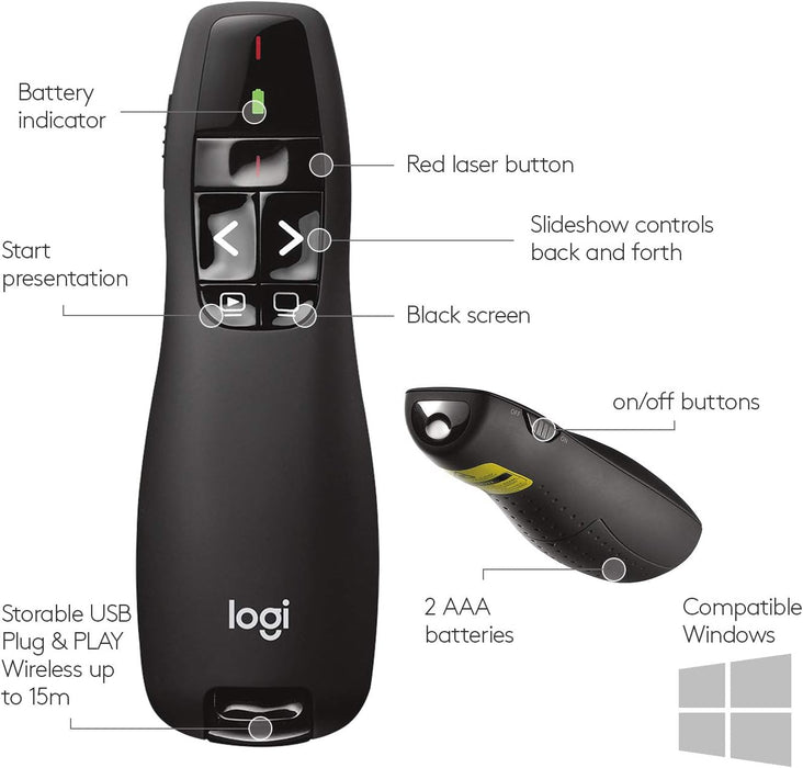 Logitech R400 Wireless Laser Presentation Remote - Black, 910-001363 - Image 7