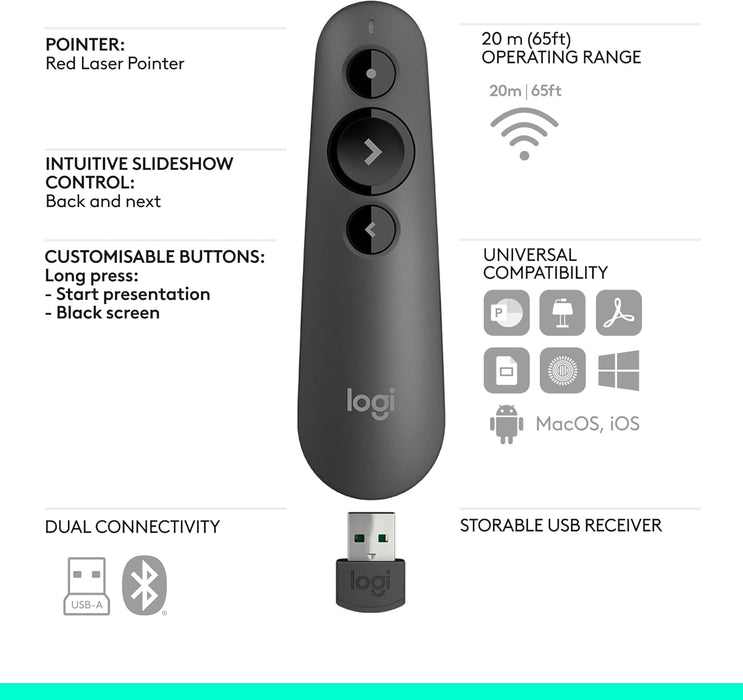 Logitech R500S Wireless Laser Presentation Remote - Grey - Image 7