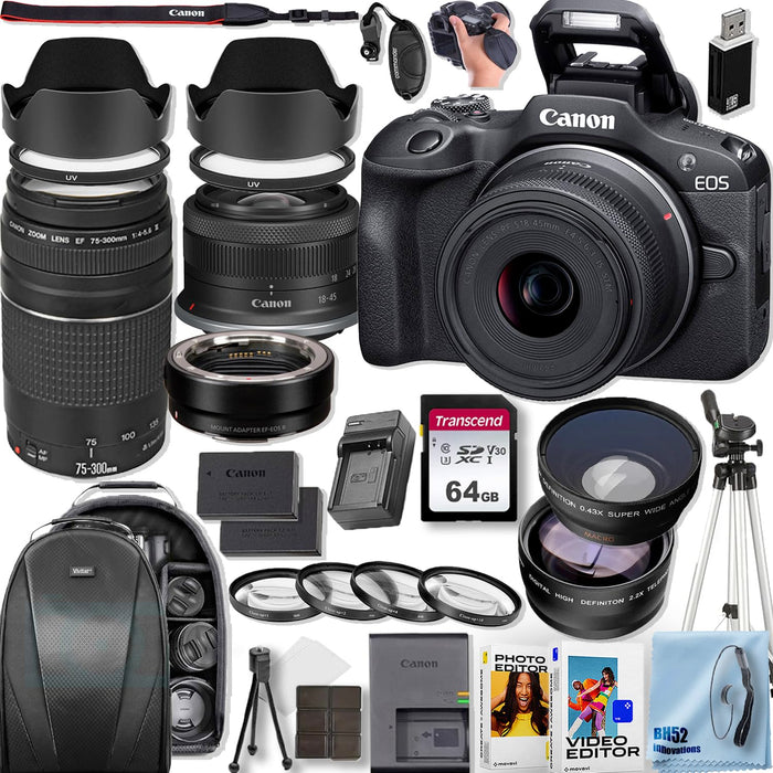Canon EOS R100 Mirrorless Camera Kit with RF-S 18-45mm f/4.5-6.3 IS STM and EF 75-300mm f/4-5.6 III Dual Lens Bundle, 24.1MP APS-C Sensor, 4K Video, DIGIC 8 Processor (Black) - New