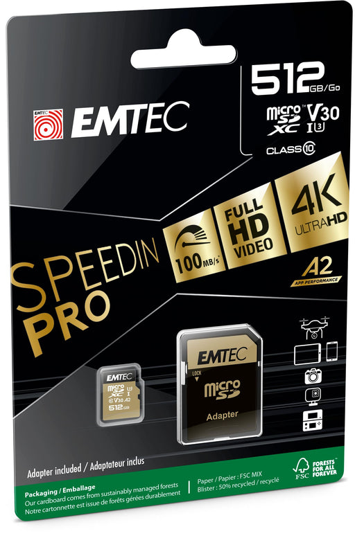 EMTEC ECMSDM512GXC10SP V30 Speed in Pro Micro SDXC Card 512GB UHS-I U3 Class 10 100MB/s for Cameras & Smartphones (Black/Gold) - New