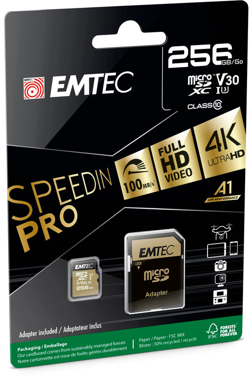 EMTEC V30 Speed in Pro ECMSDM256GXC10SP Micro SDXC Memory Card 256GB UHS-I U3 85MB/s Write Speed (Black/Gold) - New