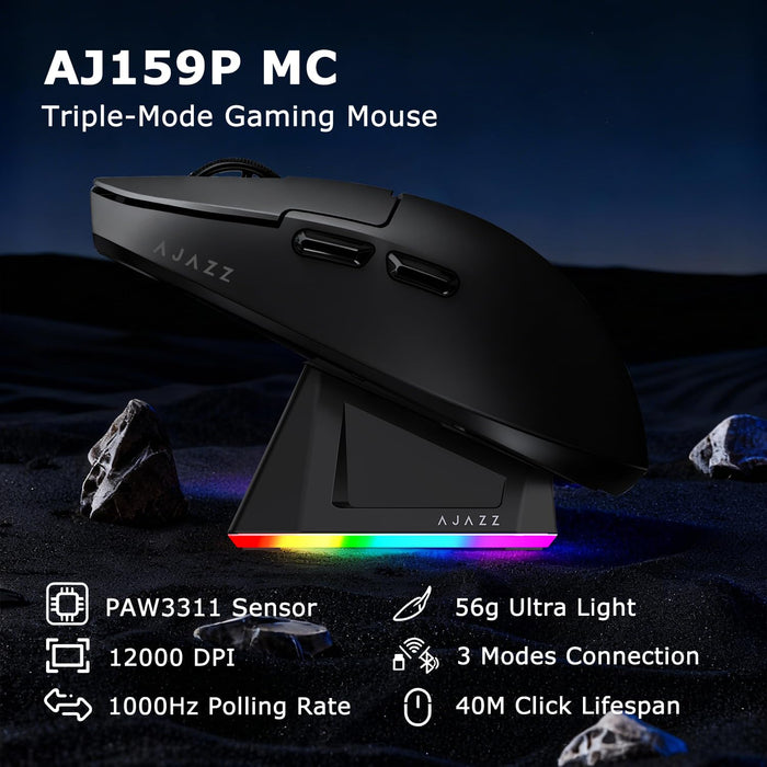 Ajazz AJ159P MC Dual-Mode Wireless Bluetooth + Wired Ergonomic Gaming Mouse 56g Lightweight 12000 DPI PAW3311 Sensor USB-C Rechargeable with Magnetic Charging Dock 6 Programmable Buttons (White) - New