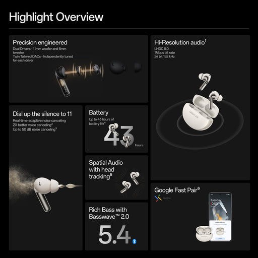 OnePlus Buds Pro 3 E512A True Wireless Bluetooth Earbuds with 50dB Active Noise Cancellation (Lunar Radiance) - New