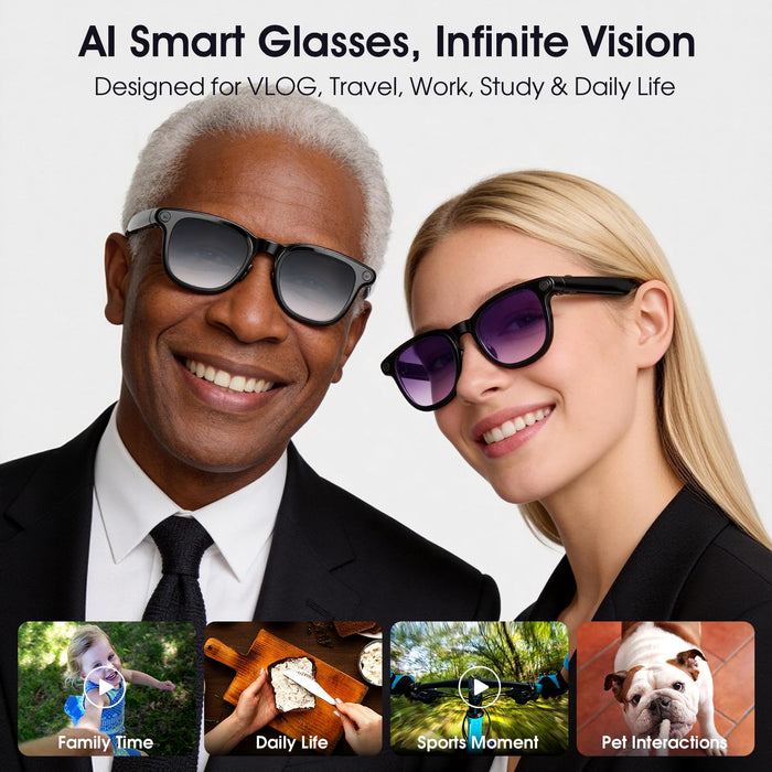 Amwentu A2 AI Smart Glasses with Voice Assistant, 4K 8MP Camera Recording, 144-Language Real-Time Translator, Bluetooth Audio, 10-Hour Battery, IP65 Sweat-Resistant (Lacquer Black) - New