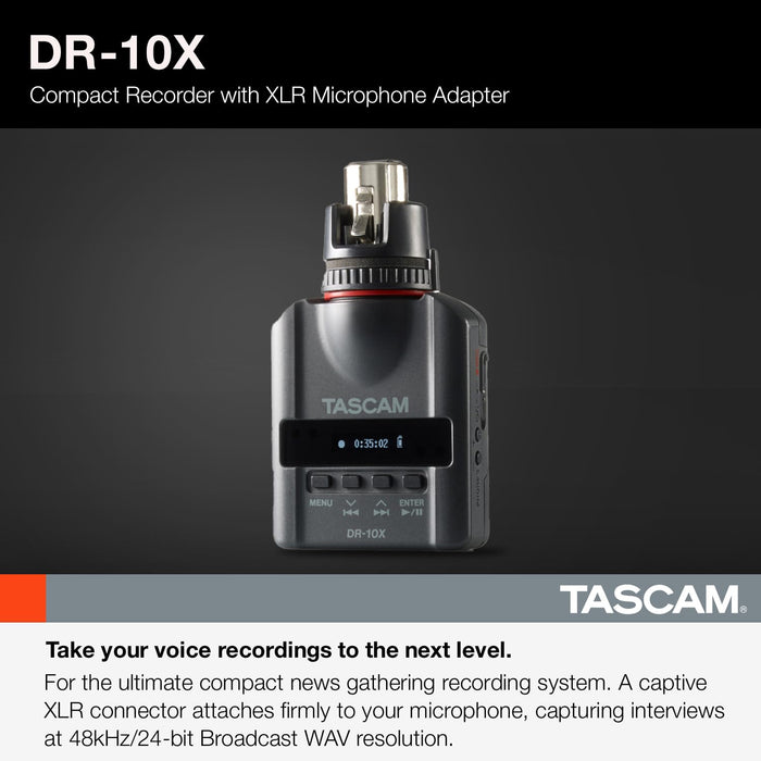 Tascam DR-10X Micro Plug-On Linear PCM Audio Recorder with XLR Connector for Handheld Microphones, Dual Recording & MP3/WAV Support (Black) - New