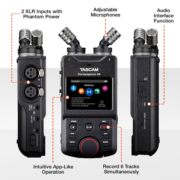 Tascam PORTACAPTURE X6 6-Track Multitrack Audio Recorder with 32-bit Float, 96kHz, XY Microphones & 2.4" Touchscreen (Black) - New