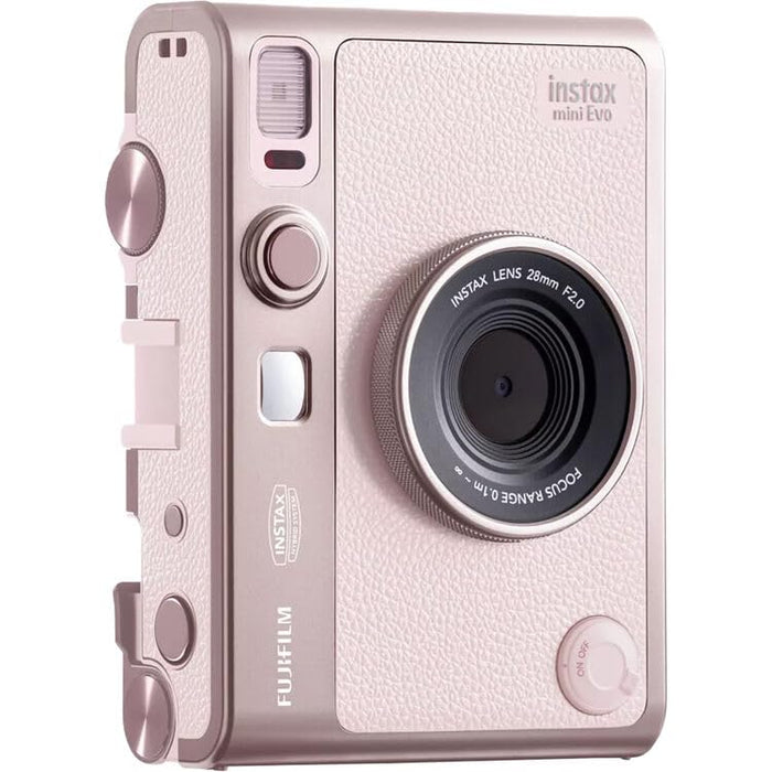 Fujifilm Instax Mini Evo Hybrid Instant Film Camera 28mm f/2 Lens 3.0-Inch LCD 100 Effect Combinations Bundle with 40 Prints & 32GB Card (Gentle Rose) - New