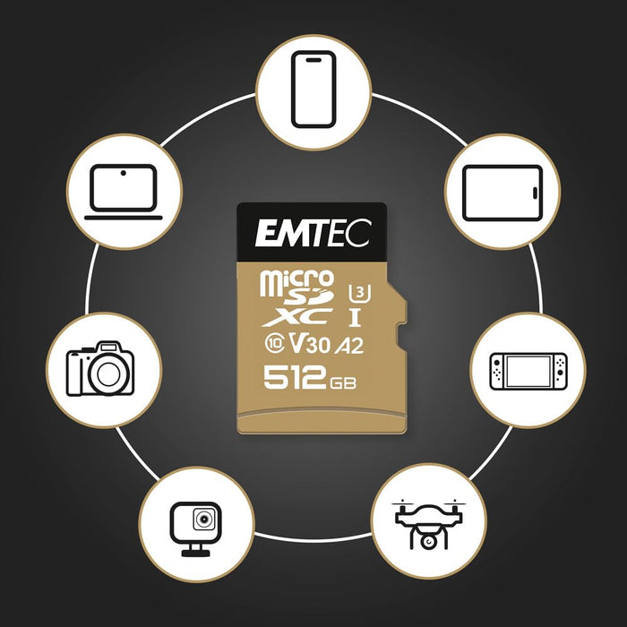 EMTEC V30 Speed in Pro ECMSDM256GXC10SP Micro SDXC Memory Card 256GB UHS-I U3 85MB/s Write Speed (Black/Gold) - New