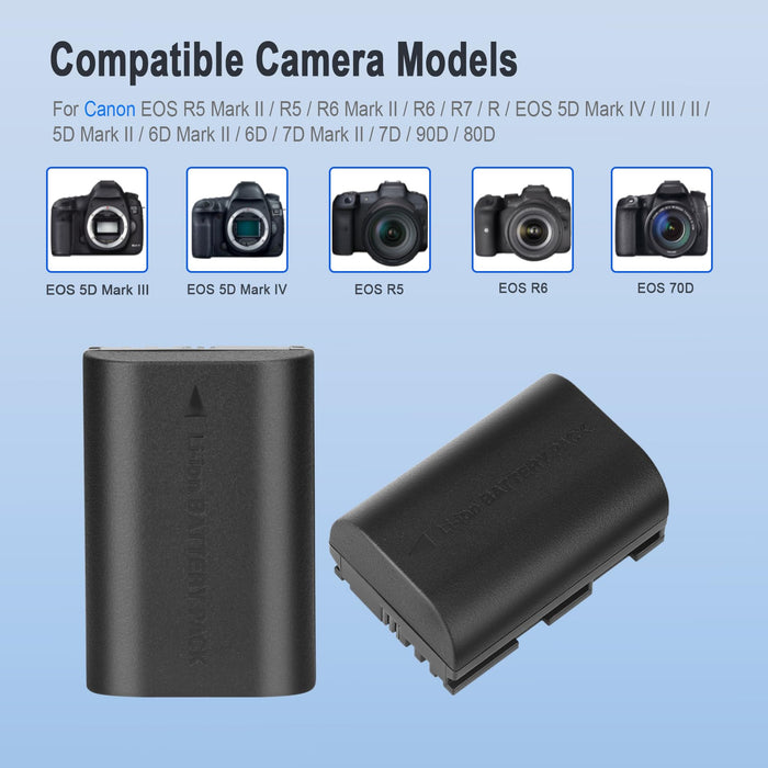 JYJZPB LP-E6P Rechargeable Lithium-Ion Camera Battery Pack 2300mAh for Canon EOS R5 Mark II R6 5D 6D 7D 60D 70D 80D 90D (Black) - New