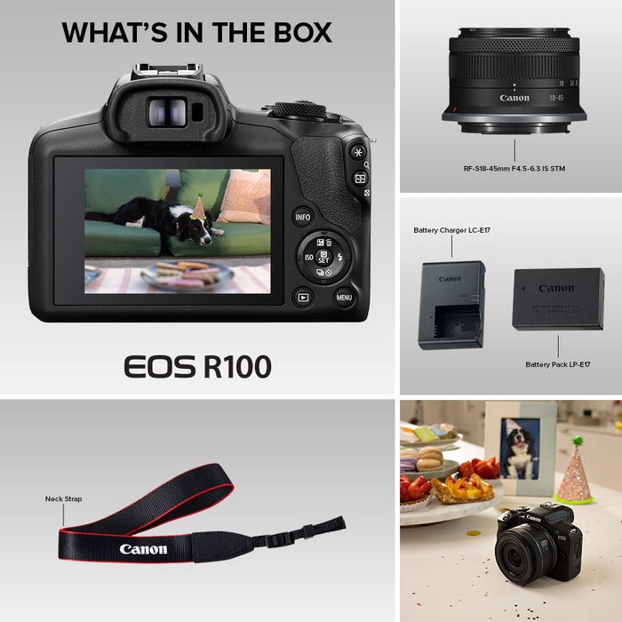 Canon EOS R100 Mirrorless Camera Kit with RF-S18-45mm f/4.5-6.3 IS STM Lens, 24.1MP APS-C Sensor, 4K Video Recording (Black) - New