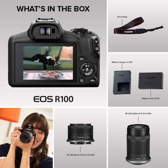 Canon EOS R100 Mirrorless Camera Kit with RF-S 18-45mm & 55-210mm Lenses, 24.1MP APS-C Sensor, Dual Pixel CMOS AF (Black) - New