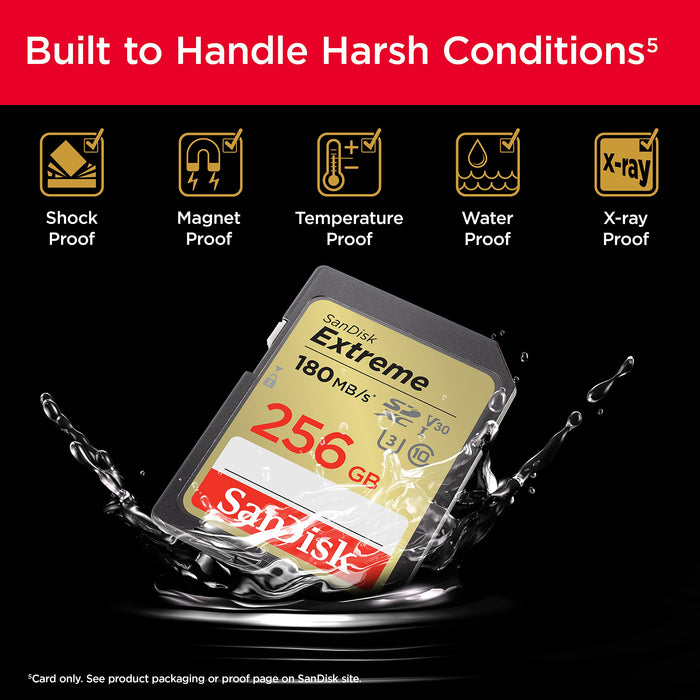 SanDisk SDSDXVV-256G-GNCIN Extreme Class 10 UHS-I SD Memory Card 256GB 180MB/s Read Speed for DSLR & 4K Video Recording (Gray/Gold) - New