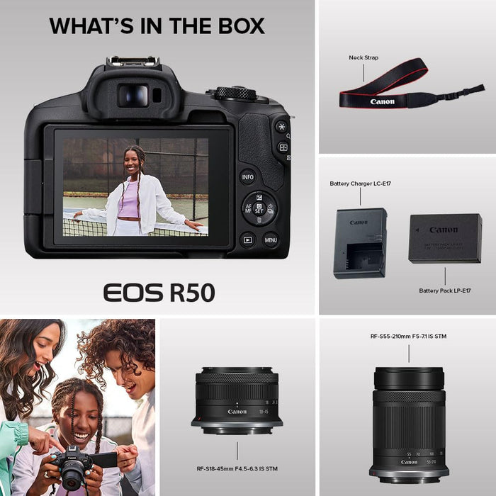 Canon EOS R50 Mirrorless Camera with RF-S18-45mm F4.5-6.3 IS STM & RF-S55-210mm F5-7.1 IS STM Lenses, 24.2 Megapixel CMOS APS-C Sensor, 4K Video, Vlogging Camera (Black) - New