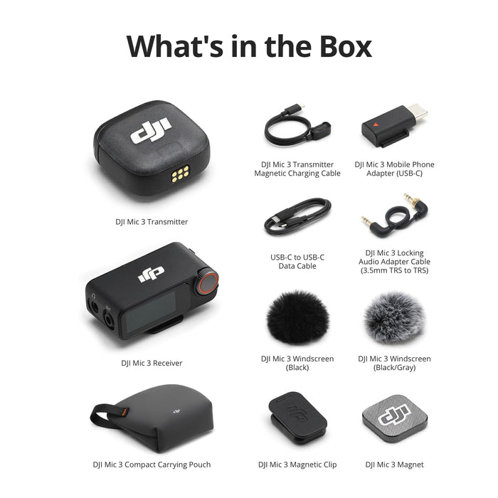 DJI Mic 3 (1 TX + 1 RX) Wireless Lavalier Microphone System with 32-bit Float Recording, Dual-Band Transmission, USB-C Adapter for Cameras, Smartphones & Osmo Devices (Black) - New
