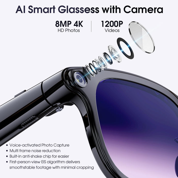 Amwentu A2 AI Smart Glasses with Voice Assistant, 4K 8MP Camera Recording, 144-Language Real-Time Translator, Bluetooth Audio, 10-Hour Battery, IP65 Sweat-Resistant (Lacquer Black) - New