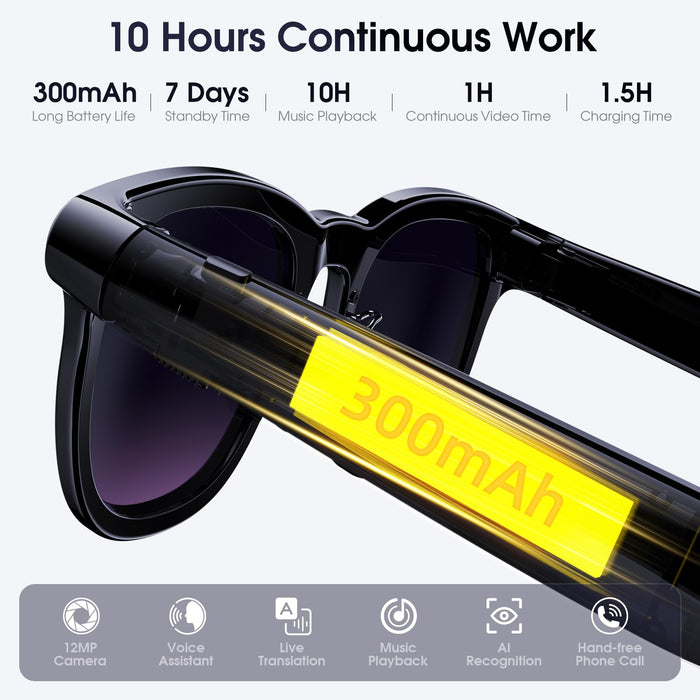 Amwentu A2 AI Smart Glasses with Voice Assistant, 4K 8MP Camera Recording, 144-Language Real-Time Translator, Bluetooth Audio, 10-Hour Battery, IP65 Sweat-Resistant (Lacquer Black) - New