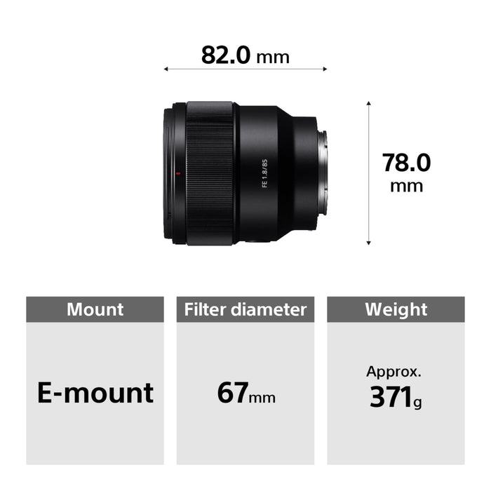 Sony SEL-85F18 Portrait Lens Fixed Focal 85mm F1.8 Full Frame - E Mount Black