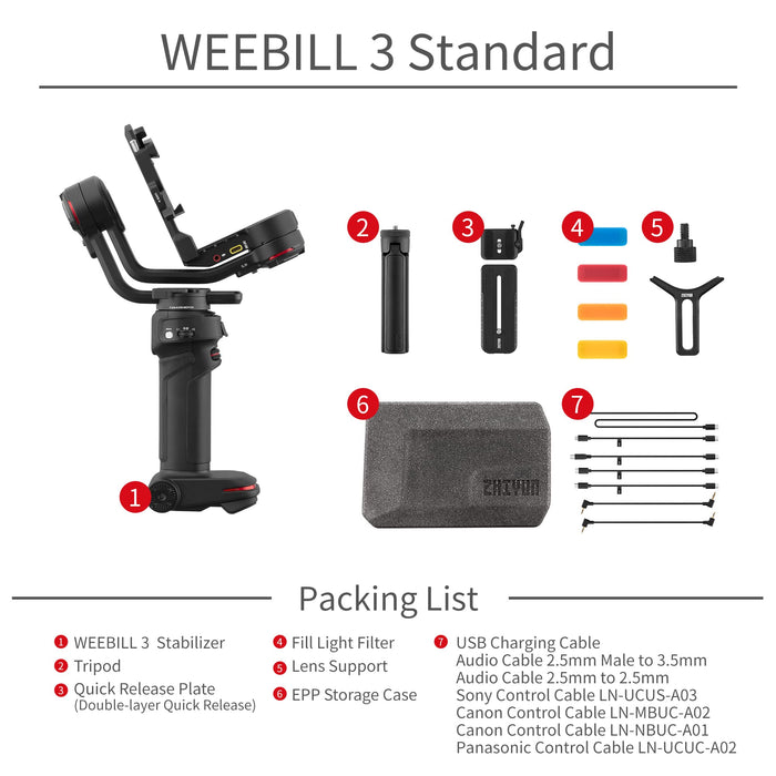 Zhiyun Weebill 3, 3-Axis Gimbal Stabilizer for DSLR and Mirrorless Camera - Black