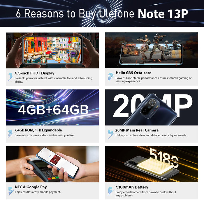 Ulefone Note 13P 6.5” FHD+ Display Unlocked Smartphones, 20MP Rear and 16MP Front Camera - Black